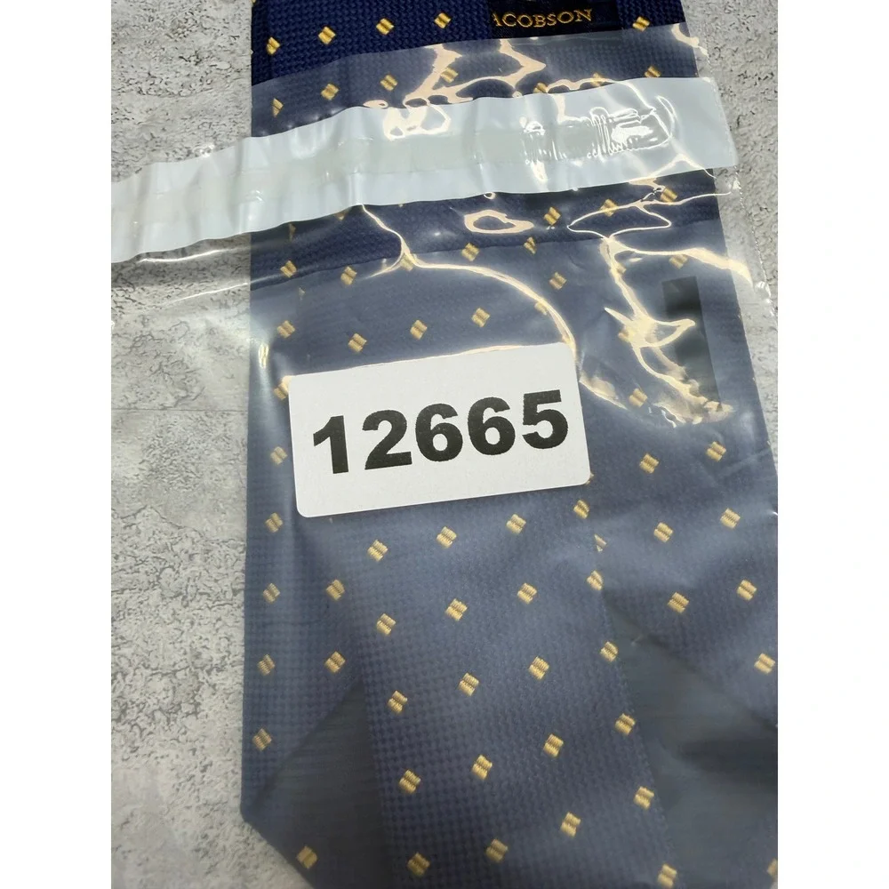 Henry Jacobson Necktie Mens OS Navy Blue Gold Square Geometric Silk